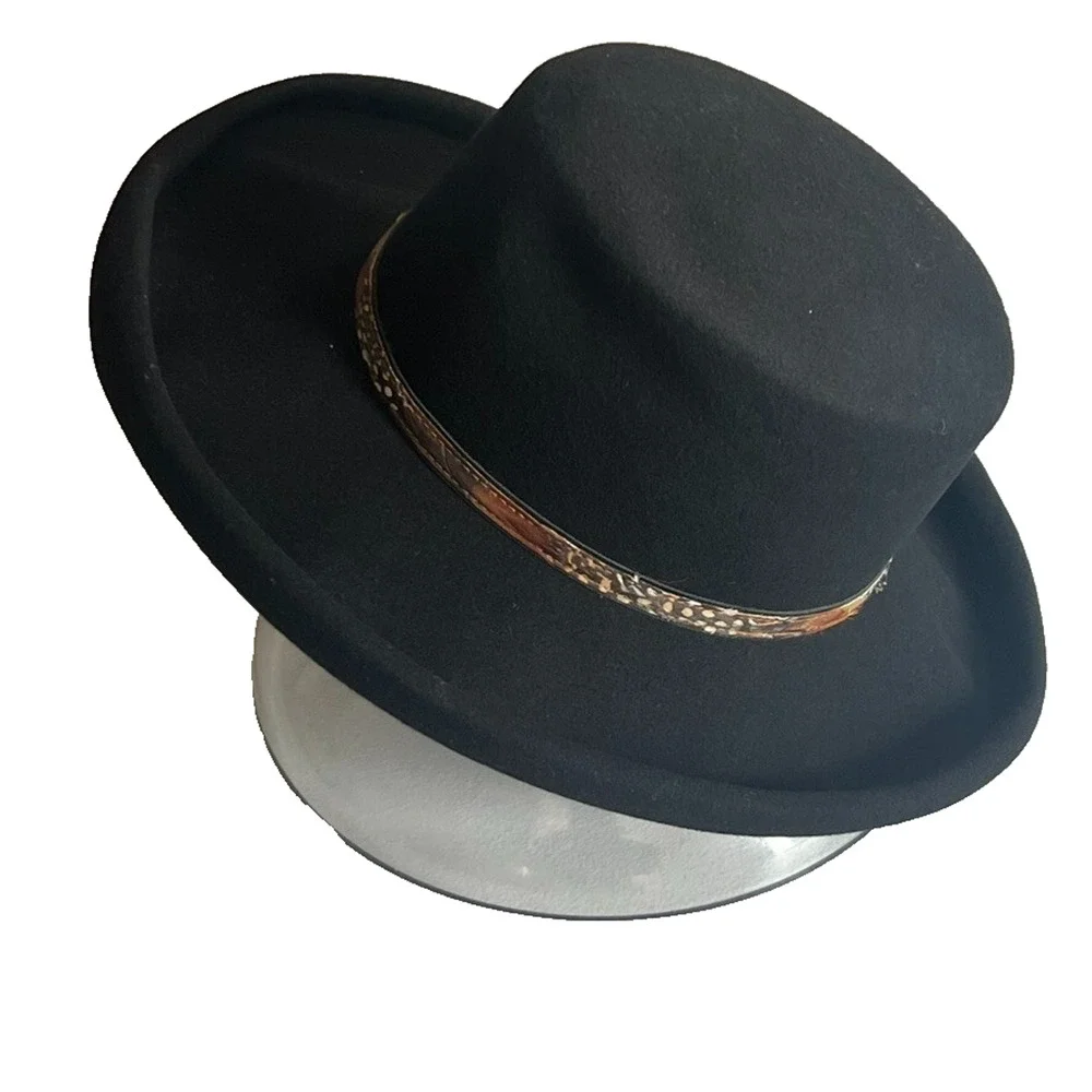 IMPORTINA Dollman Hat Womens Black Roll Up Edge Wool Leather Feathers Trim Vtg